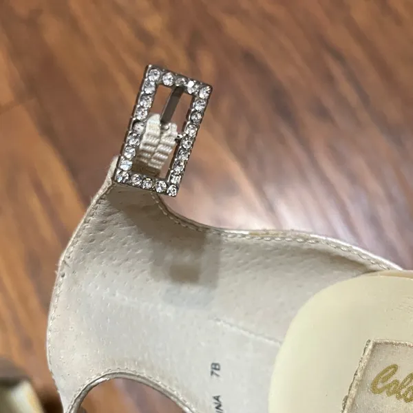 Off White Satin Strappy Jeweled Heels Size 7 - Image 14