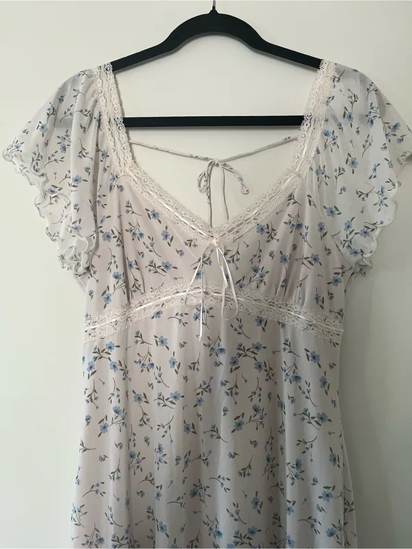 White Blue Ditsy Floral Cottagecore Babydoll Lace Midi Dress XL Romantic Dainty - Image 2
