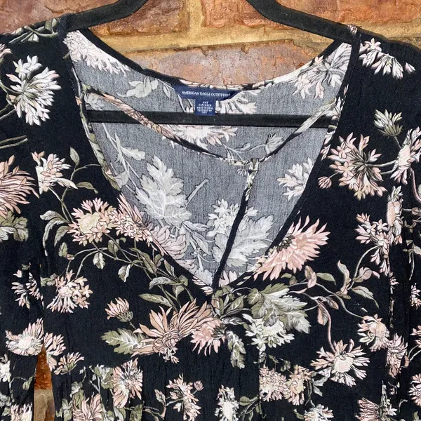 American Eagle Black Floral Long Tie Sleeve Strappy V-Neck Mini Dress Size XXS - Image 2