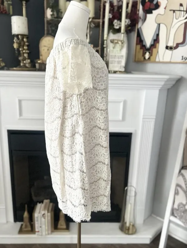 Love, Fire Off Shoulder Cream Lace Mini Dress Women’s Size Medium - Image 3