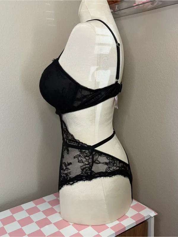 Victoria's Secret black lace push up one piece lingerie outfit sexy medium - Image 3