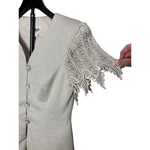 Cachet Womens 8 Champagne Metallic Skirt Suit Set Lace Fringe Rhinestone Formal - Image 3