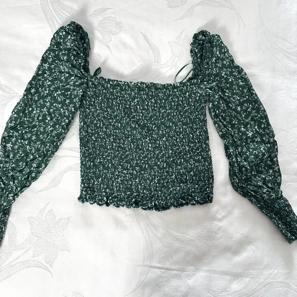 Reformation‎ Womens Size S Pinto Floral Top Green Ditsy Print Smocked Cropped - Image 10