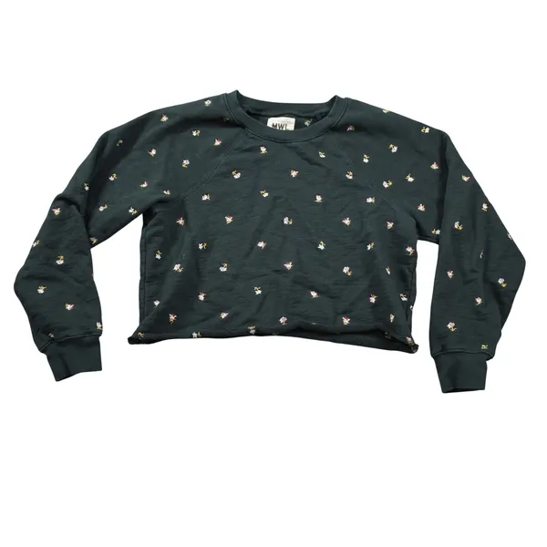 Madewell MWL Size Medium Black Floral Embroidered Cropped Sweatshirt Cozy‎ Dorm - Image 3