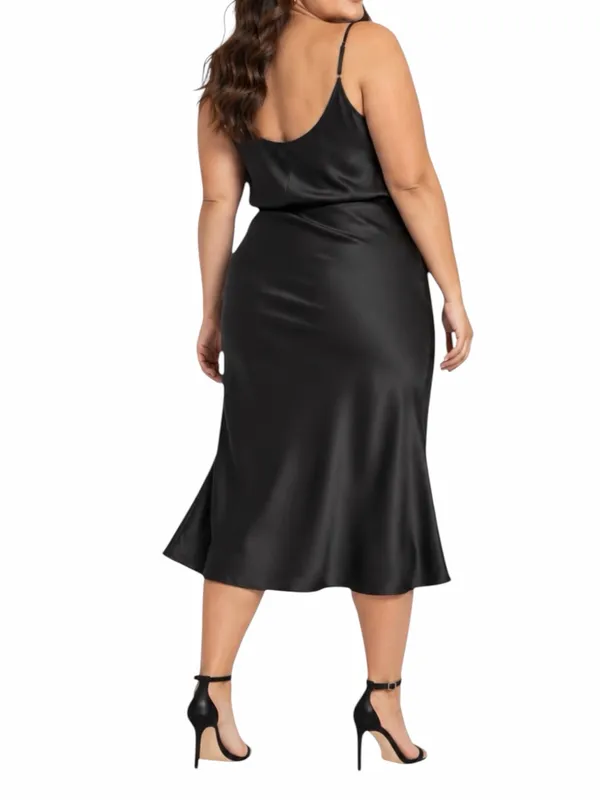 Ava and Viv Midi Dress 1X Satin Cowl Neck Adjustable Strap Black Cocktail Party - Image 2