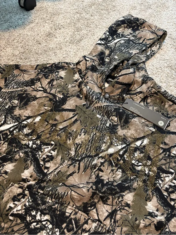 YoungLA Bling Rhinestones Hoodie Green Real Tree Camo Size Small Oversized NEW - Image 7