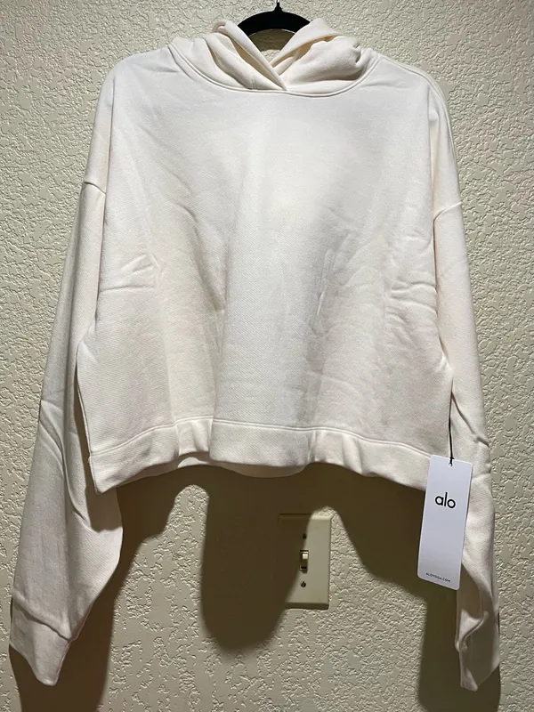Alo NWT Bae Hoodie Ivory Cream Cropped Pullover Sweatshirt Size L - Image 5