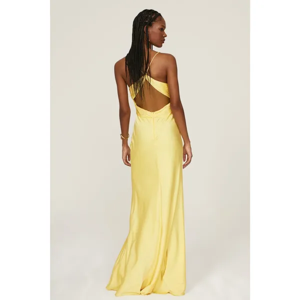 Mac Duggal Yellow Satin Twist Front Cut Out Slip Maxi Formal Gown Size 6 - Image 2