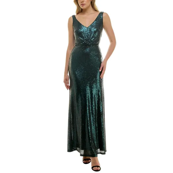 NWT Taylor Stretch Mesh Sequin Cinched Waist Gown Dress Bottle Green 2 - Image 2