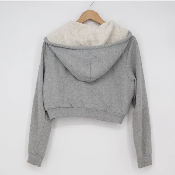 Ambiance Womens Gray Cropped Sherpa Lined Zip Up Hoodie Sweatshirt Large - Image 5