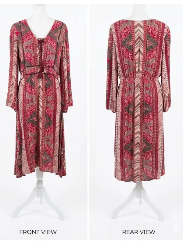 Reba Red & Brown Boho Tie-Front Long-Sleeve Midi Dress - Image 2