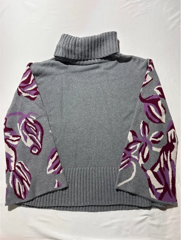 cabi Medium Gray Turtleneck Sweater with Funky Purple Leafy - Image 4