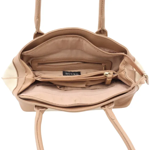 Bueno Two Tone Cream Tan Pebbled Faux Leather Shoulder Bag Gold Hardware - Image 6