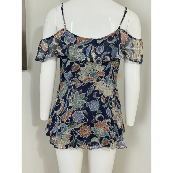Maeve Anthropologie Womens Size 2 Blue Floral Off Shoulder Ruffle Blouse Top - Image 3