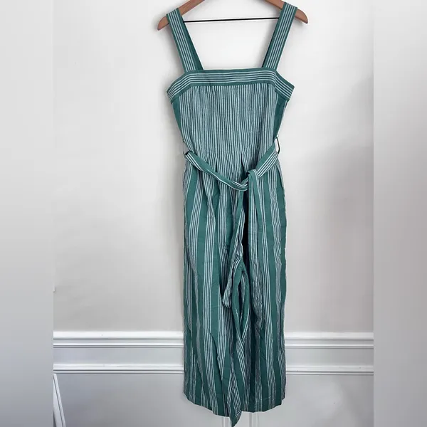 Anthropologie Pleated Green Stripe Linen Jumpsuit Payal Pratap Wide Leg 4 - Image 5