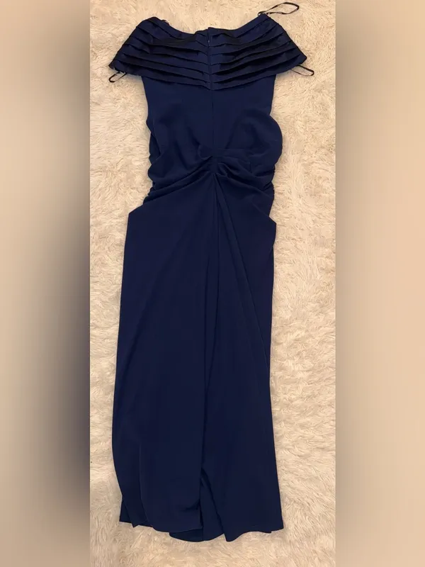 NEW Tadashi Shoji Seraphine Pleated Portrait Collar navy blue Gown Sz 14 - Image 10
