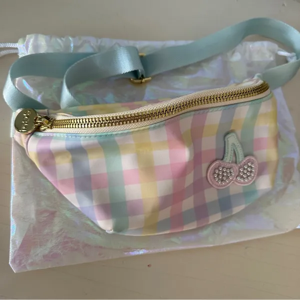 Stoney Clover Lane Gingham Fanny Pack Cherry Belt Bag Light Blue Plaid Dust Bag - Image 9