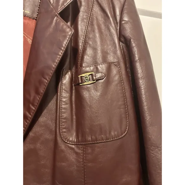 Vintage Etienne Aigner Women 16 Large Dark Red Leather Blazer Jacket Trench Coat - Image 4