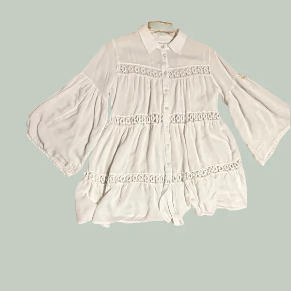Boho White Tiered Button‎ Down Tunic Crochet Lace Bell Sleeve Top - Image 11