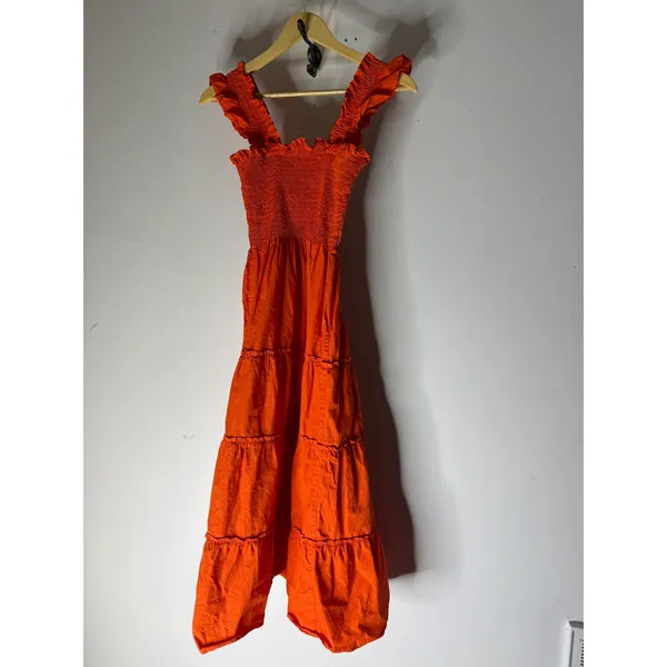 Quince Orange Organic Cotton Smocked Tiered Midi Dress Ruffle Straps Small - Image 2