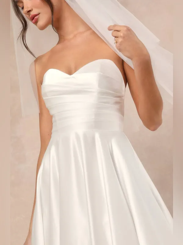 Lulus Khalida White Satin Pleated Strapless Gown Size Medium Bridal Wedding - Image 3