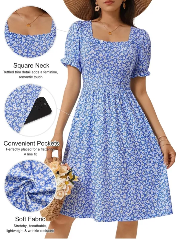 NEW Square Neck Dress Floral Puff Sleeve A Line Midi Dress Pockets S - Image 5