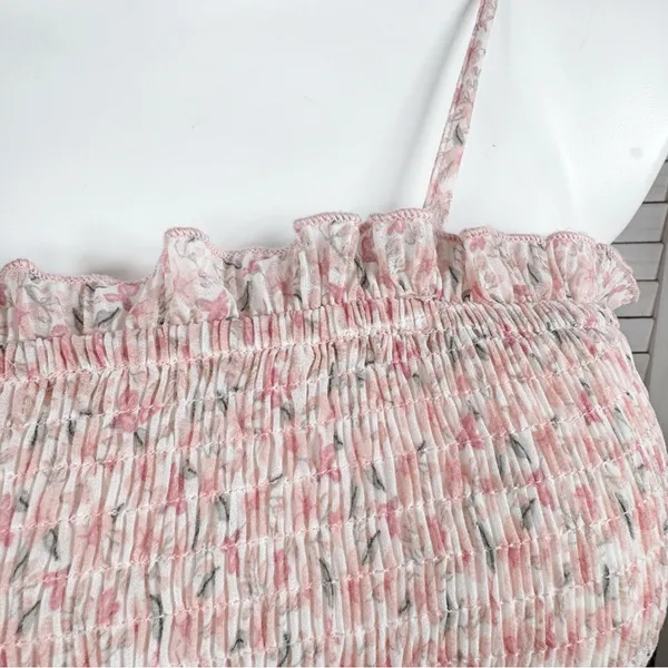 Mabel Daphne Ditsy Flower Ruffe Trim Smocked Midi Long Tube Dress Pink‎ Large - Image 8
