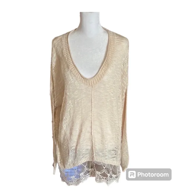 Moon & Maddison Cream Knit Lace Trim Tunic Top - Image 2