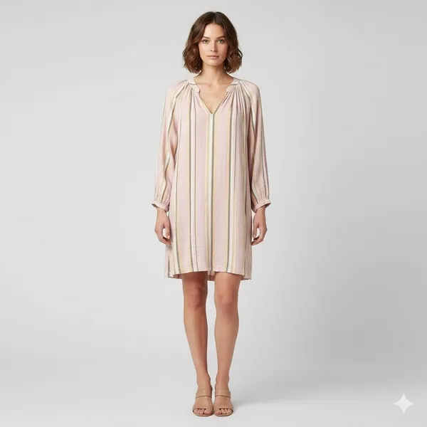 Xirena Sabrine Pink Striped Cotton Gauze V-Neck Mini Dress Long Sleeve Sz Small - Image 2