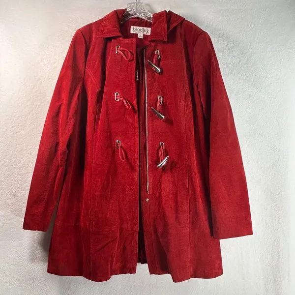 Bradley Bayou Red Suede Leather Toggle Hooded Coat Jacket Large L Silver Toggles - Image 7