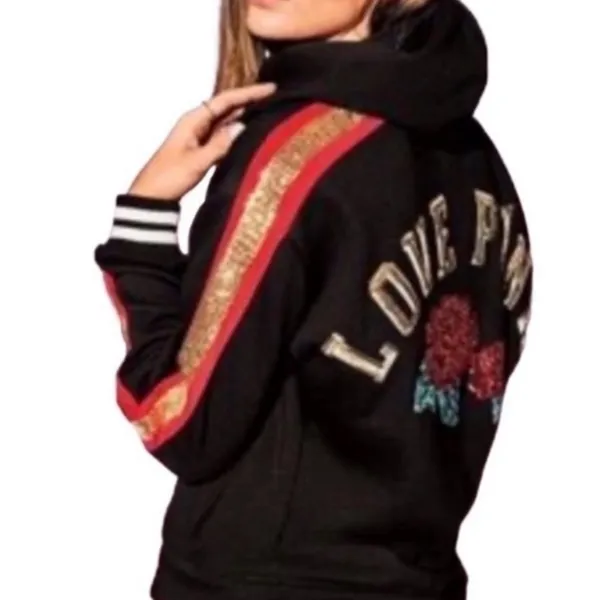 Victorias Secret PINK sequin Rose Bling Lace-up hoodie RARE medium - Image 2