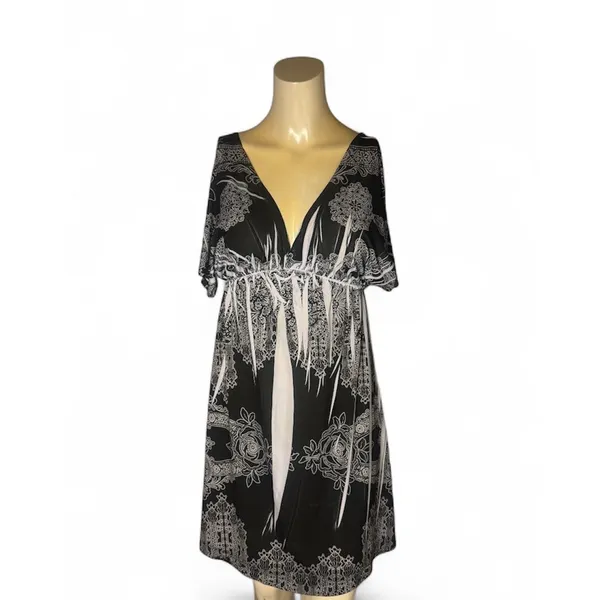 Chesley Size Small Black & White Plunge V-Neck Boho Short Sleeve Sundress - Image 2