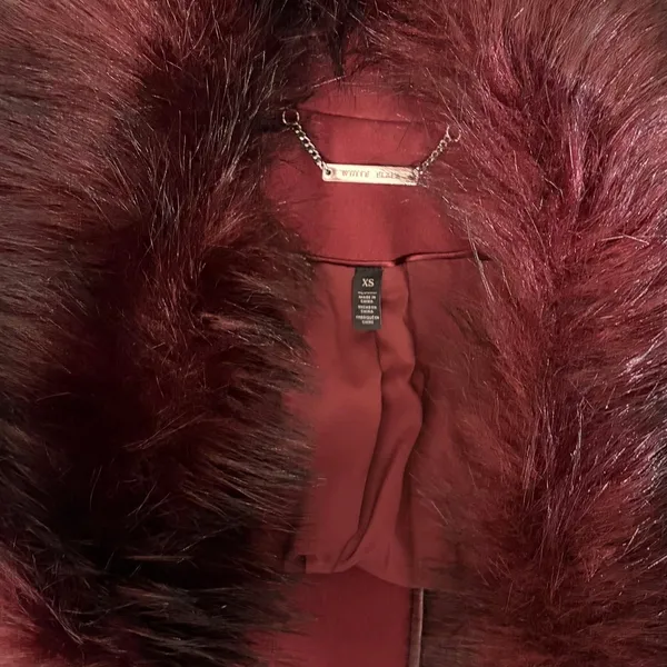 WHBM Burgundy Long Coat Removable Faux Fur Collar White House Black Market XS - Image 11