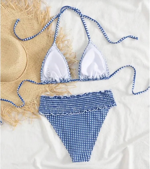 SheIn Swim Vcay Women's Casual Vacation Blue & White Plaid Print Tankini Swimsuit Set - Image 2