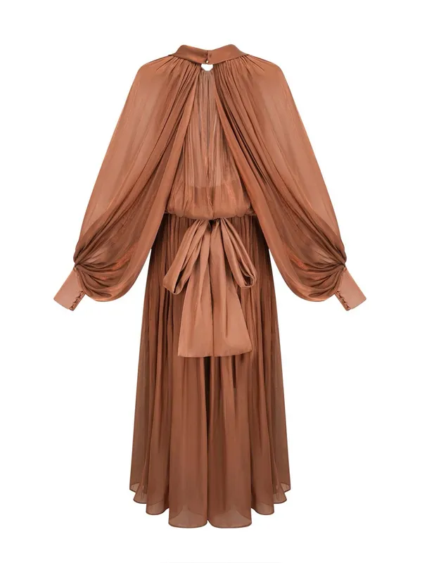 Miss Rosier Mila Brown Pleated Satin Maxi Dress size small - Image 4