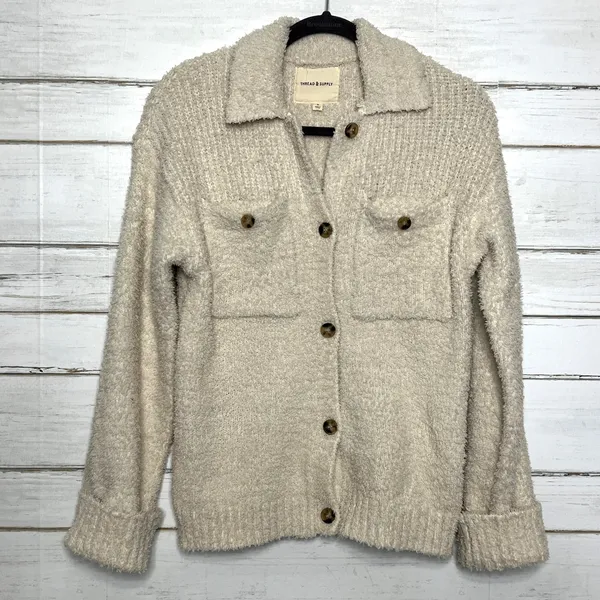 Thread & Supply Sherpa Button Front Small Cream Brazilian Sand Teddy Shacket - Image 2
