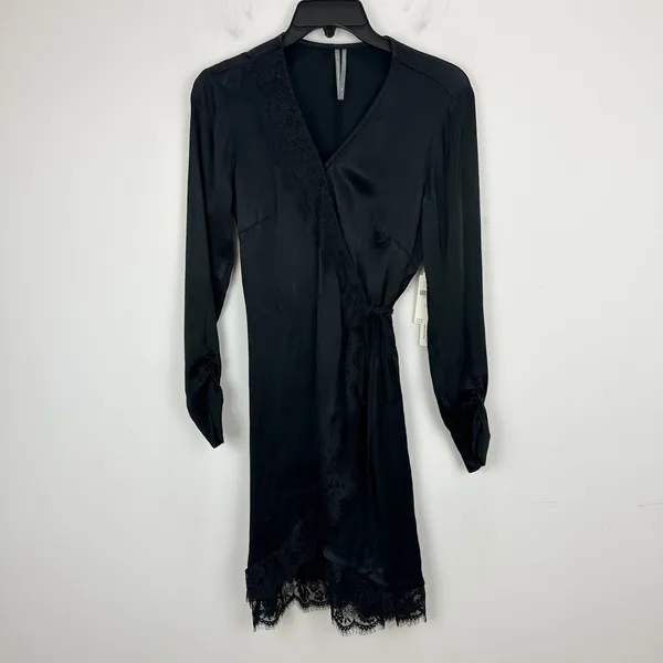 Anthropologie Lace Trimmed Wrap Dress Viscose Satin Long Sleeve Black XS NWT - Image 6