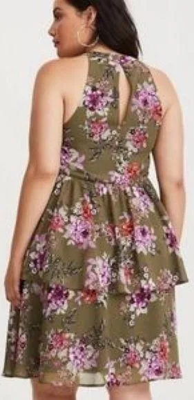 Torrid Floral Tiered Olive Chiffon Dress Sz 1 - Image 2