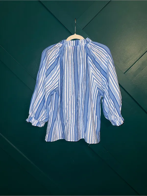 THML Thalia Blue & White Striped Tie-Neck Blouse Coastal Prep Boho Flair - Image 3