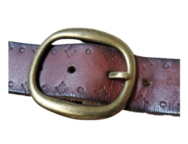 VTG Belt Braided Linked Leather Hippy Boho Hand Tooled Flowers Brass Buckle 37” - Image 3
