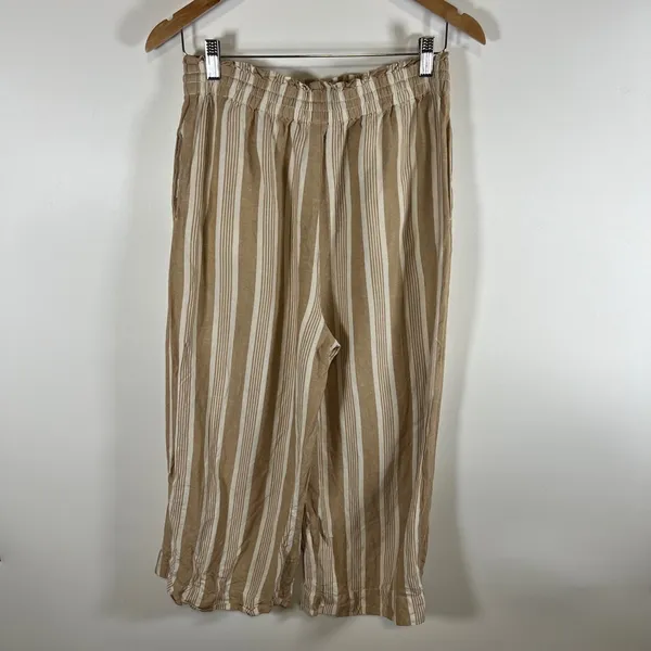 Madewell Striped Wide Leg Paperbag Waist Pants‎ Tan White Drawstring Womens M - Image 6