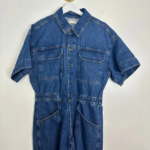 FREE PEOPLE Marci Denim Jumpsuit in Wash Sapphire Blue Size Large - Image 5