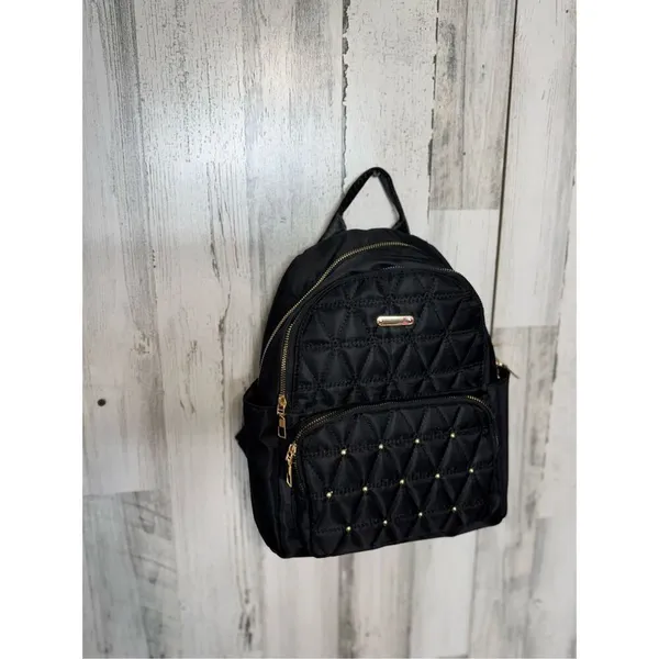 Black Nylon Mini Backpack Quilted Gold Studded Small Travel Bookbag Gold Hardwar - Image 3
