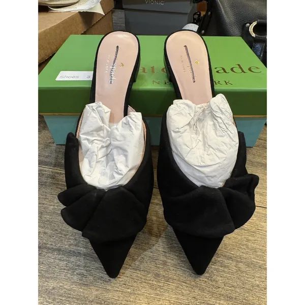 Kate Spade BLACK Women's Fayrn Point Toe Mules‎ Size US 7.5 M Suede Ruffle - Image 3