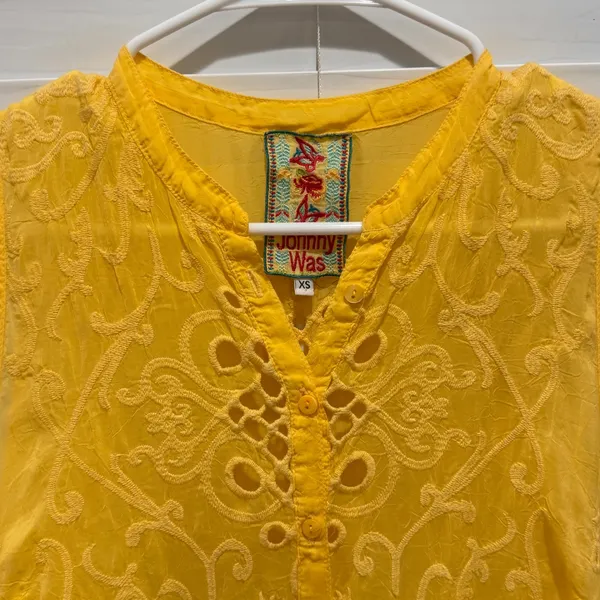 Johnny Was Embroidered Eyelet Floral Tunic Dress Yellow Cover Up‎ Resortwear XS - Image 2