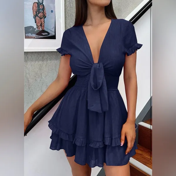 PRETTYGARDEN NEW Blue Casual V Neck Short Sleeve Tiered Mini Beach Vacation Dress 2X - Image 2
