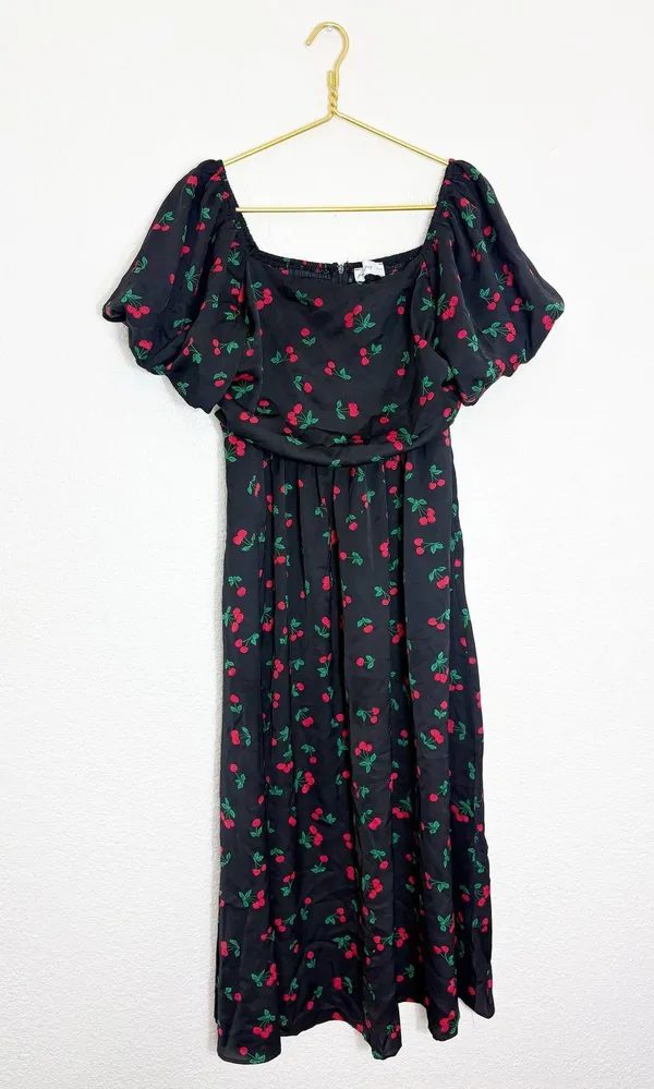 Petal & Pup Chlo Cherry Print Puff Sleeve Midi Dress Size Large Smocked Retro - Image 3