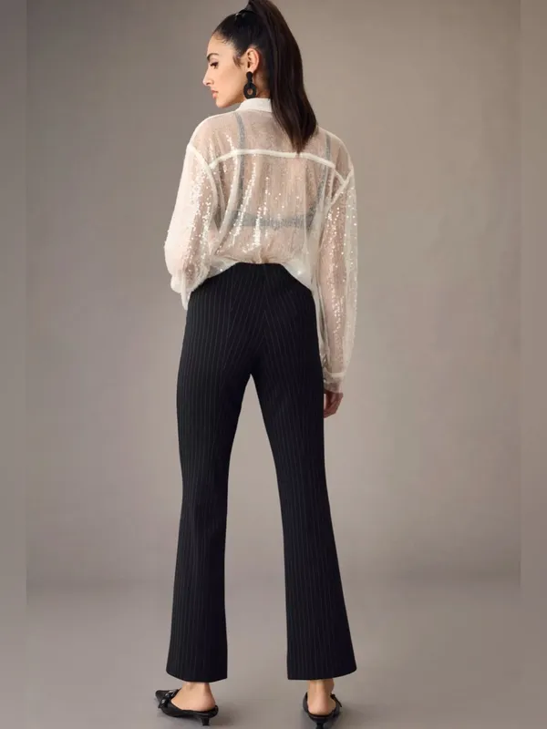 Maeve Anthropologie Margot Kick-Flare Cropped Pinstripe Pants Black - Image 3