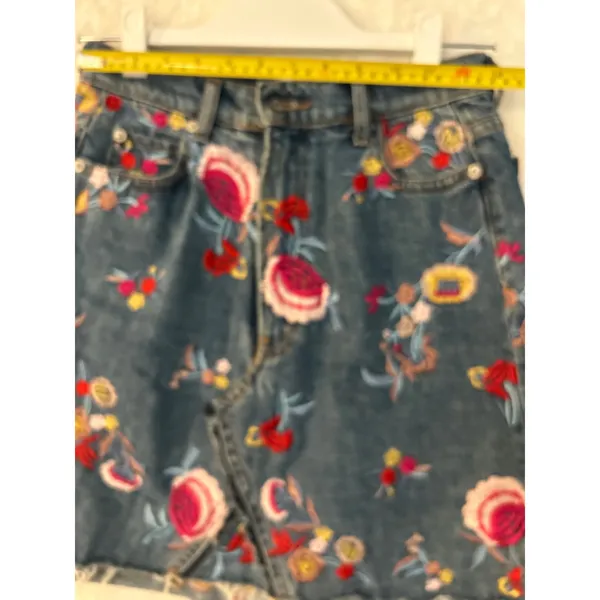 Zara Floral Embroidered Denim Mini Skirt Womens Size S Blue Raw Hem Boho‎ A-Line - Image 5