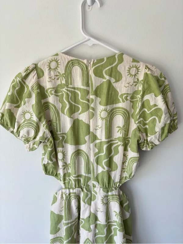 Show Me Your Mumu Jessa Mini Dress Green White Tropical Pattern Linen Blend - Image 7